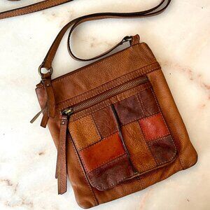 Retro FOSSIL Leathe Patchwork Crossbody Bag Purse Tan Bown Orange Boho‎ Hippie